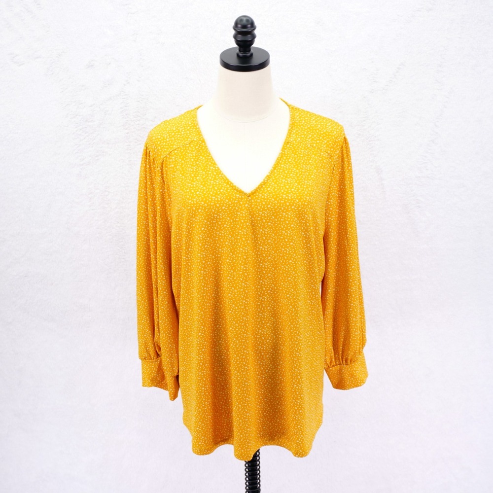 Adrianna Papell Orange /Yellow Floral V-Neck Long Sleeve Blouse Top XL Polyester